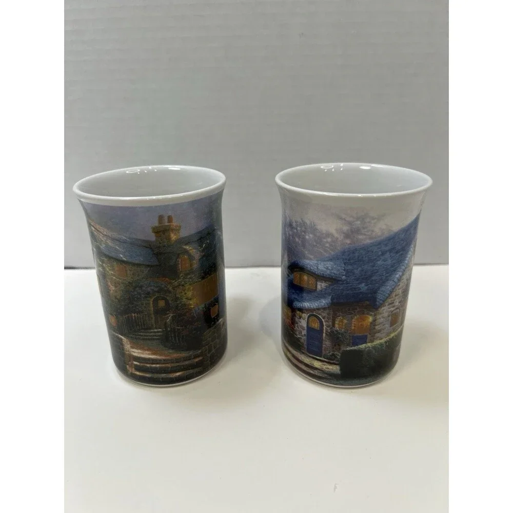 2 Thomas Kinkade Hollyhock House Lilac Cottage 2004 Mugs Coffee Ceramic